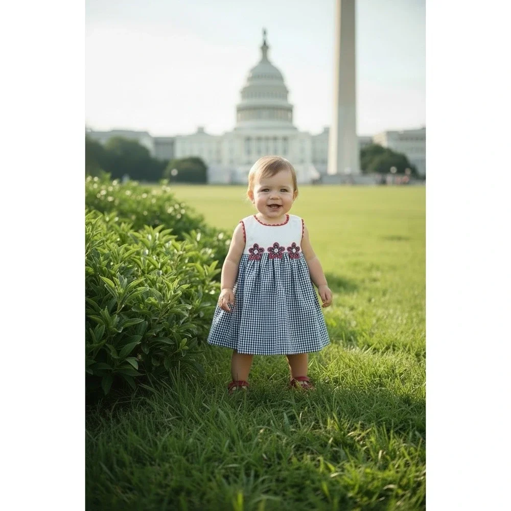 New Bonnie Baby Blue Size 12 Month 12M White Searsucker Embroidered Summer Dress